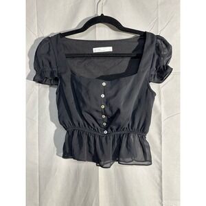 Oak Fort Crop Top Womens XS Black Square Neck Peplum Chiffon Babydoll Coquette
